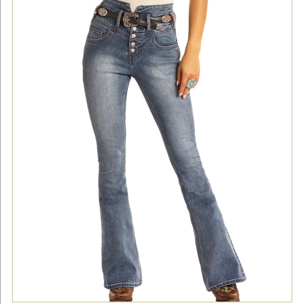 ROCK & ROLL COWGIRL Ultra high rise bell flare button up size 33/30 #WHN8194